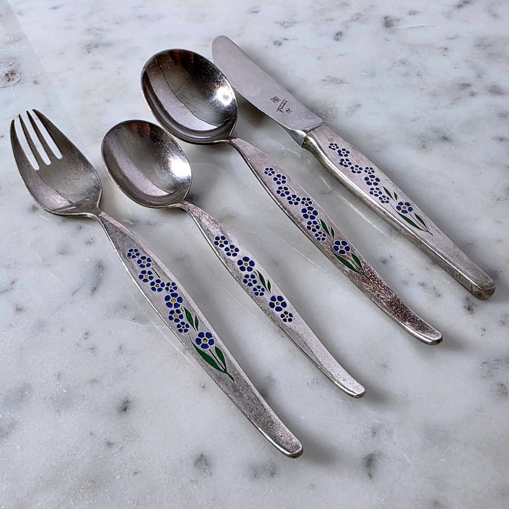 WMF German Silverplate Childrens Vtg Floral Enamel Set 4 Spoons Fork Knife Mcm